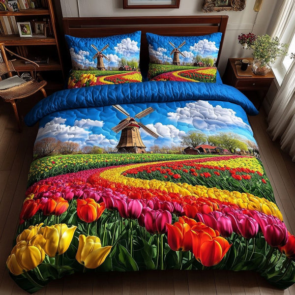 Blooming Horizon quilted 3-piece bedding set on a made bed with two matching pillow shams