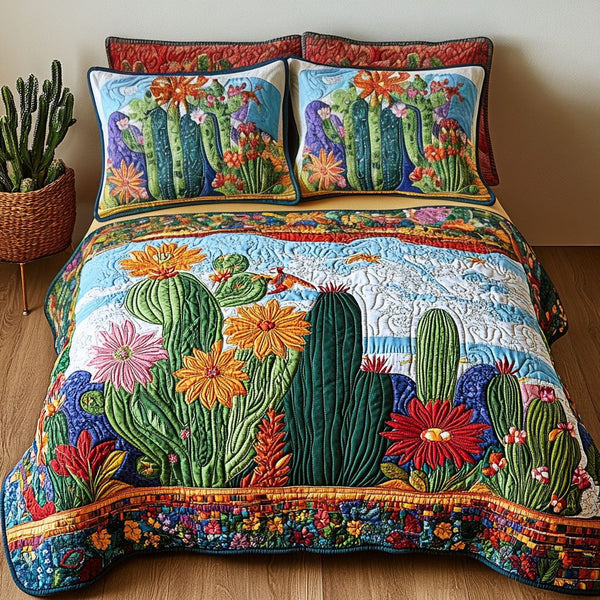 Blooming Horizons quilted 3-piece bedding set on a made bed with two matching pillow shams
