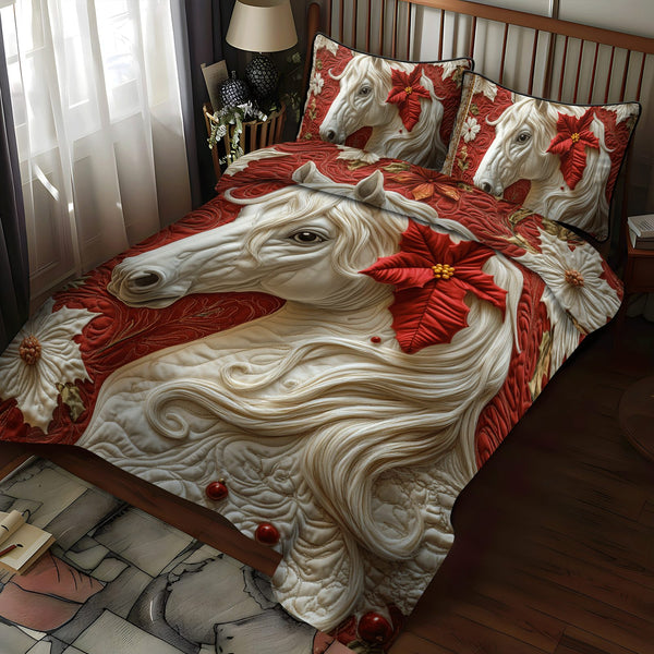 Blooming Horse quilted 3-piece bedding set on a made bed in a rustic timber bedroom