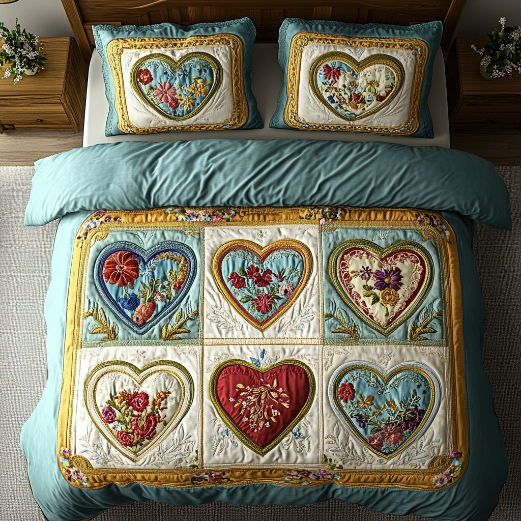Blooming Love quilted 3-piece bedding set on a made bed with two matching pillow shams