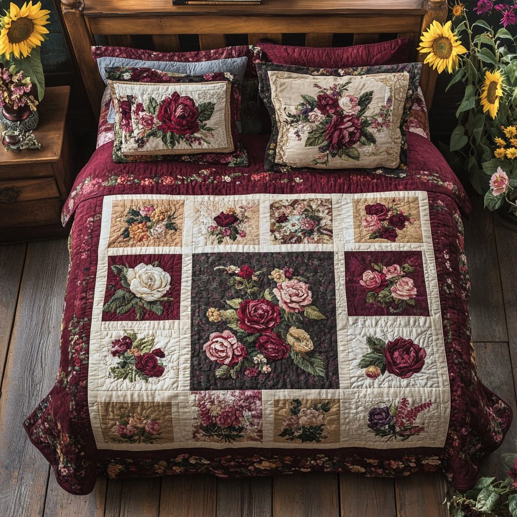 Blooming Love quilted 3-piece bedding set on a made bed with two matching pillow shams