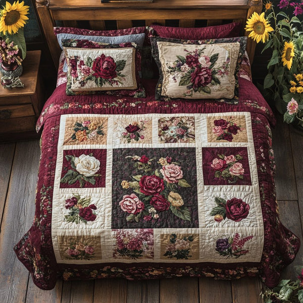 Blooming Love quilted 3-piece bedding set on a made bed with two matching pillow shams
