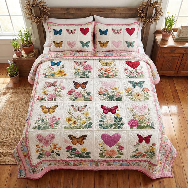 Blooming Meadow Patch quilted 3-piece bedding set on a made bed with two matching pillow shams