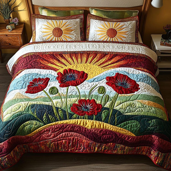 Blooming Meadows quilted 3-piece bedding set on a made bed with two matching pillow shams