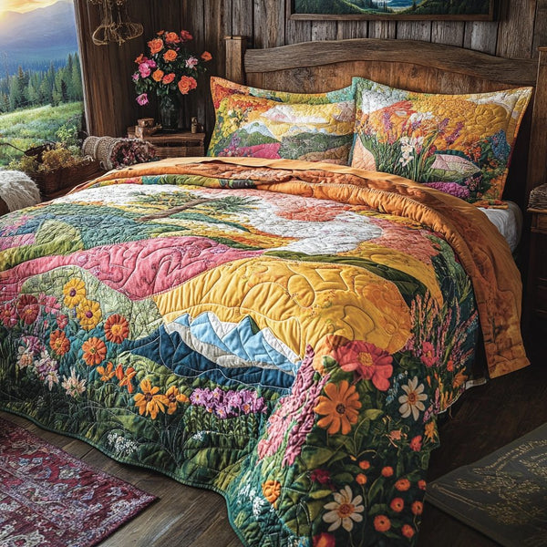 Blooming Meadows quilted 3-piece bedding set on a made bed with two matching pillow shams