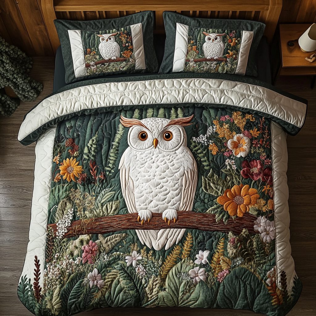 Blooming Owl quilted 3-piece bedding set on a made bed with two matching pillow shams