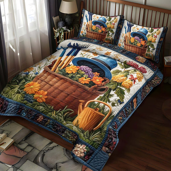 Blooming Pansies quilted 3-piece bedding set on a made bed with two matching pillow shams