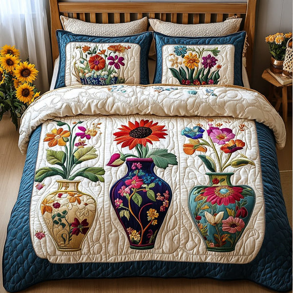 Blooming Paradise quilted 3-piece bedding set on a made bed with two matching pillow shams