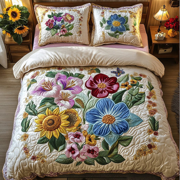 Blooming Paradise quilted 3-piece bedding set on a made bed with two matching pillow shams