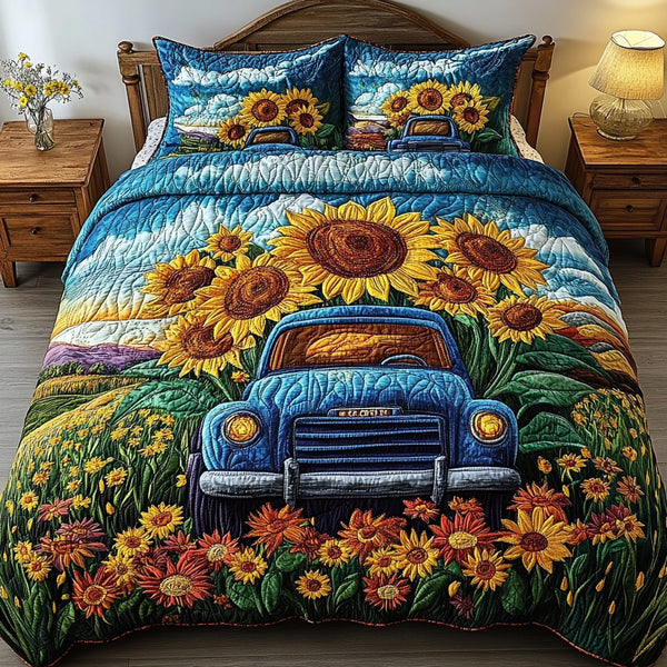Blooming Path quilted 3-piece bedding set on a made bed with two matching pillow shams