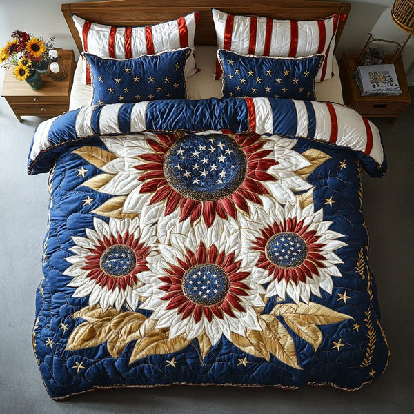 Blooming Patriotic quilted 3-piece bedding set on a made bed in a warmly lit bedroom