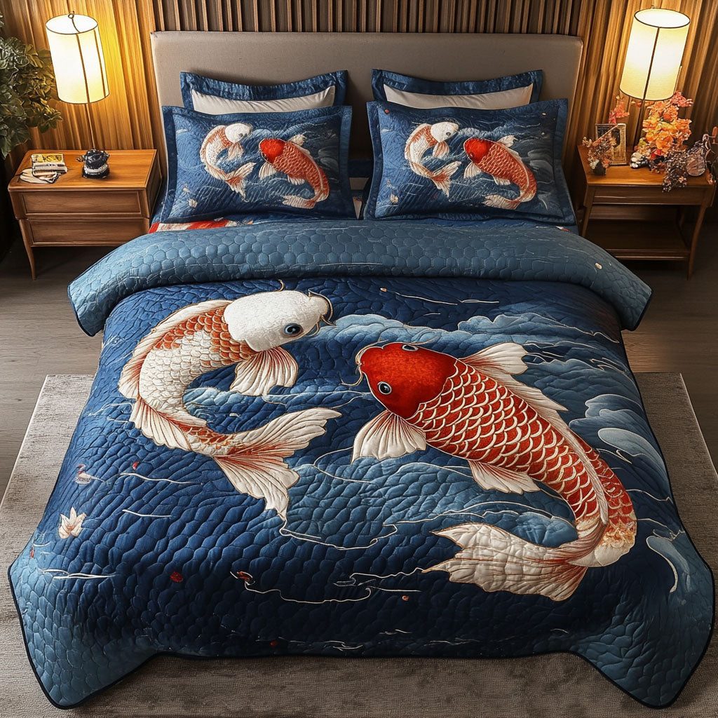 Blooming Pond quilted 3-piece bedding set on a made bed with two matching pillow shams