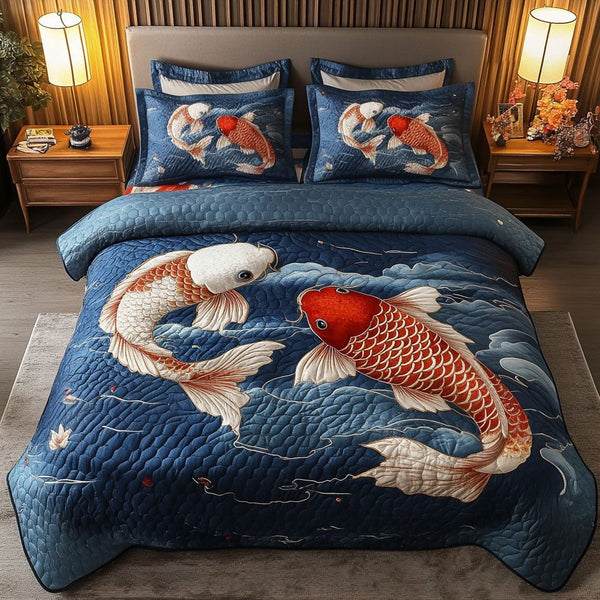 Blooming Pond quilted 3-piece bedding set on a made bed with two matching pillow shams