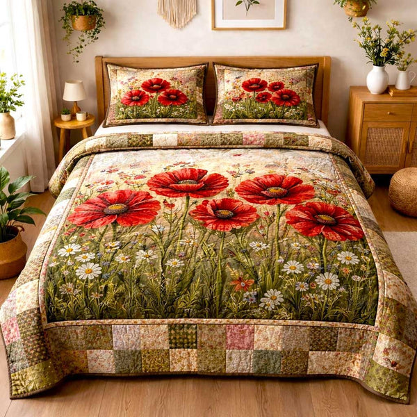 Blooming Poppy quilted 3-piece bedding set on a made bed with two matching pillow shams