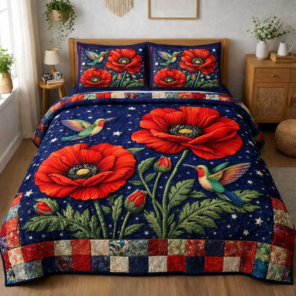 Blooming Poppy quilted 3-piece bedding set on a made bed with two matching pillow shams
