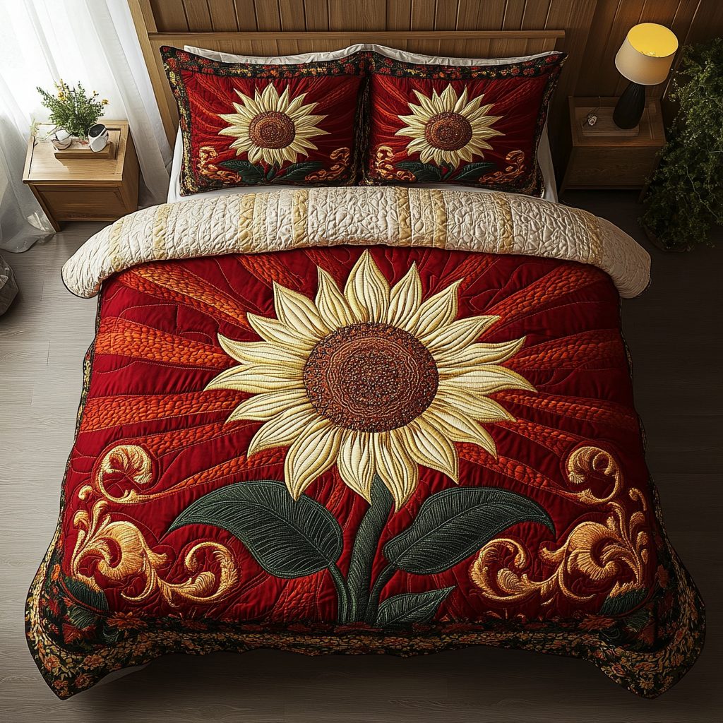 Blooming Rays quilted 3-piece bedding set on a made bed with two matching pillow shams