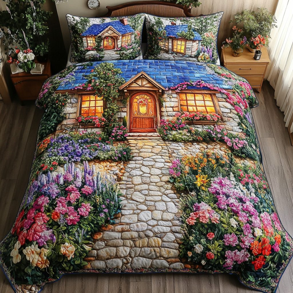 Blooming Retreat quilted 3-piece bedding set on a made bed with two matching pillow shams
