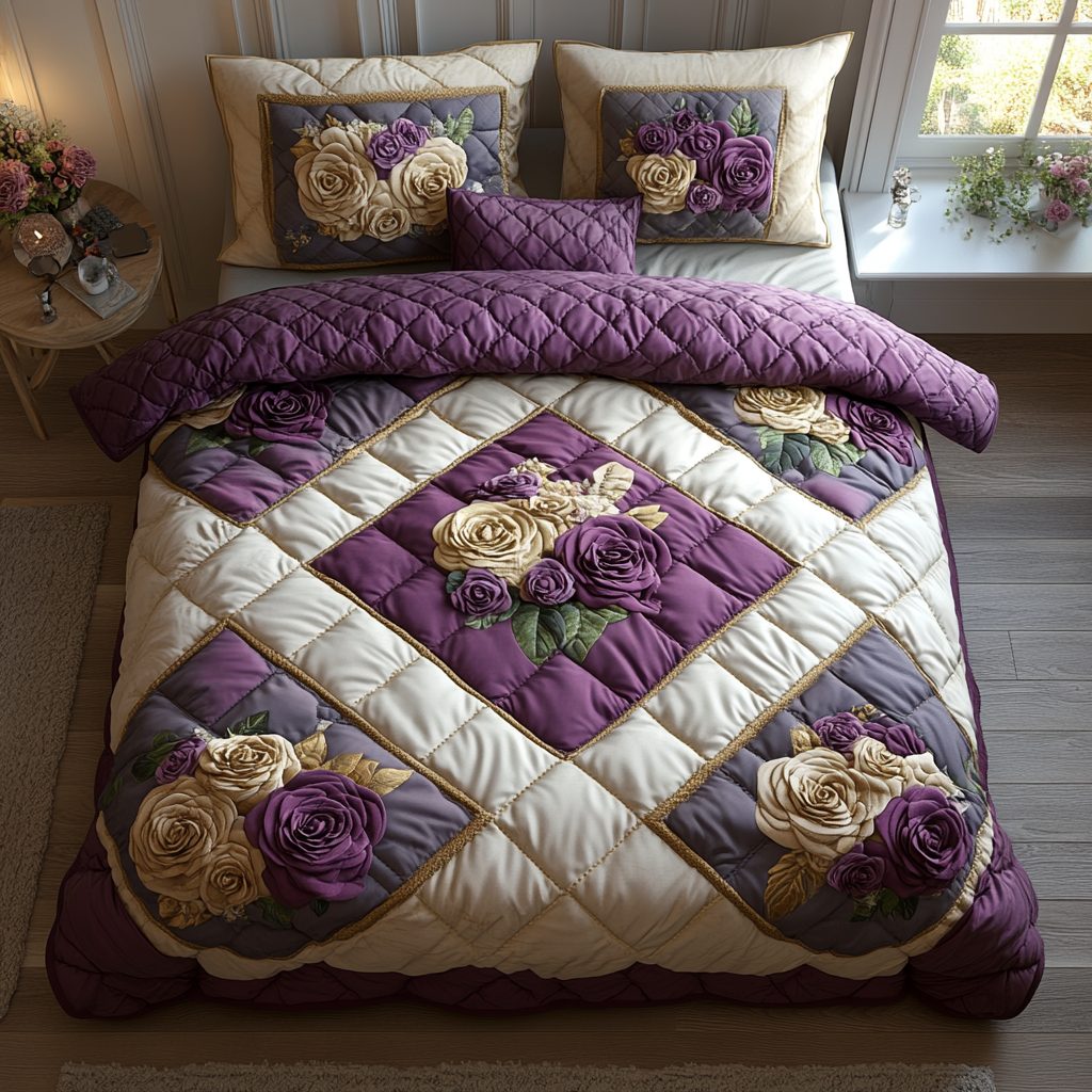 Blooming Roses quilted 3-piece bedding set on a made bed with two matching pillow shams