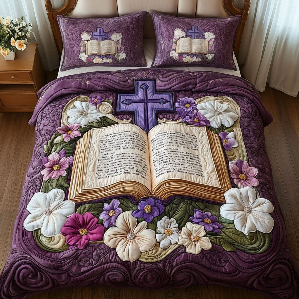 Blooming Scriptures quilted 3-piece bedding set on a made bed in a softly lit bedroom
