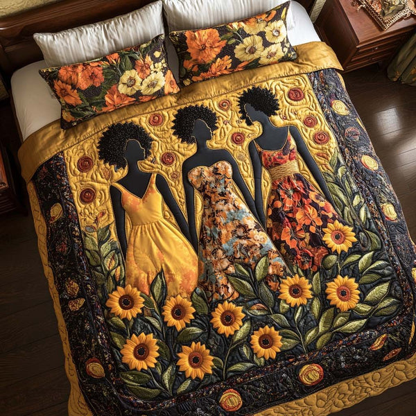 Blooming Sisterhood quilted 3-piece bedding set on a made bed with two matching pillow shams