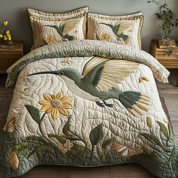 Blooming Sky quilted 3-piece bedding set on a made bed with two matching pillow shams