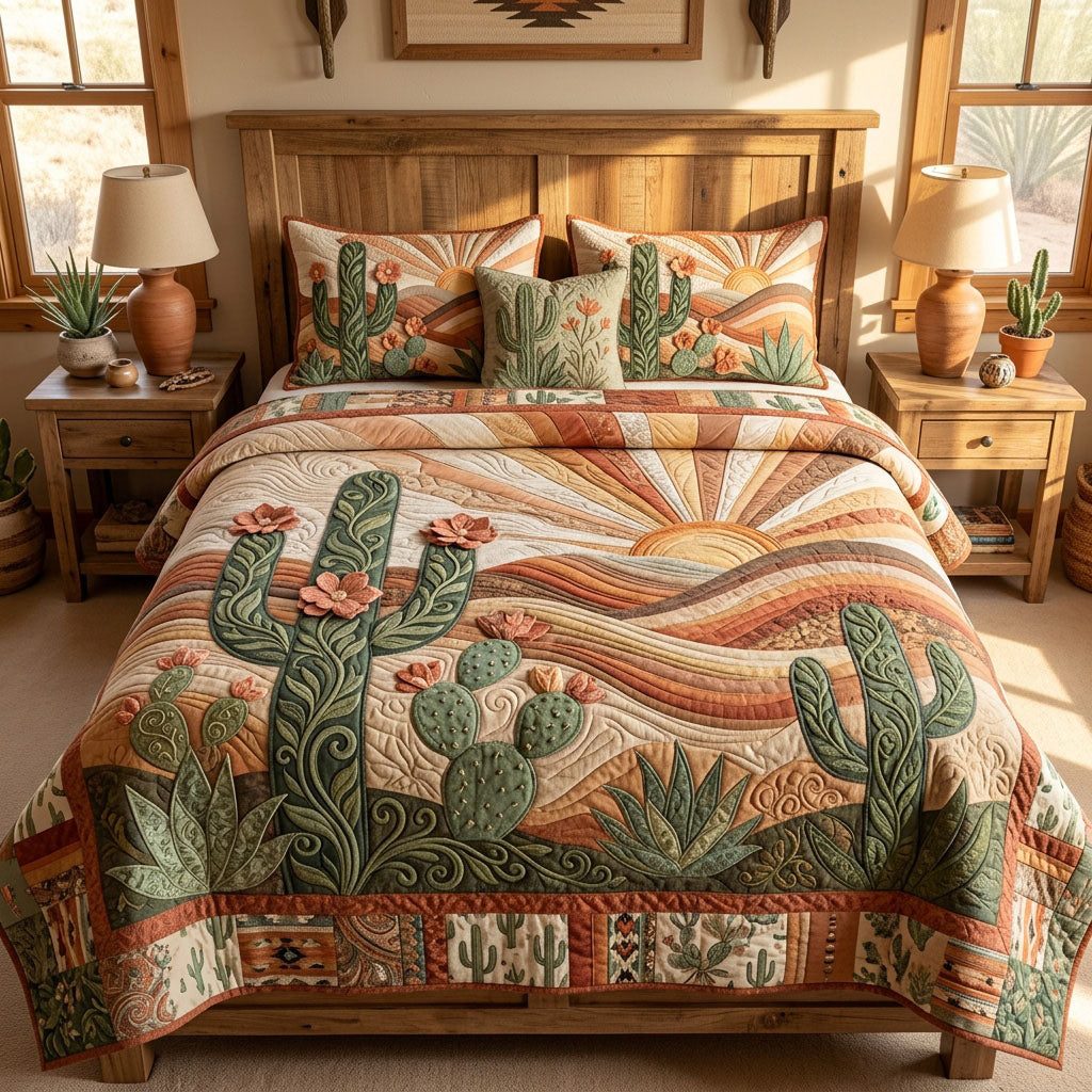Blooming Sonoran Garden quilted 3-piece bedding set on a made bed with two matching pillow shams
