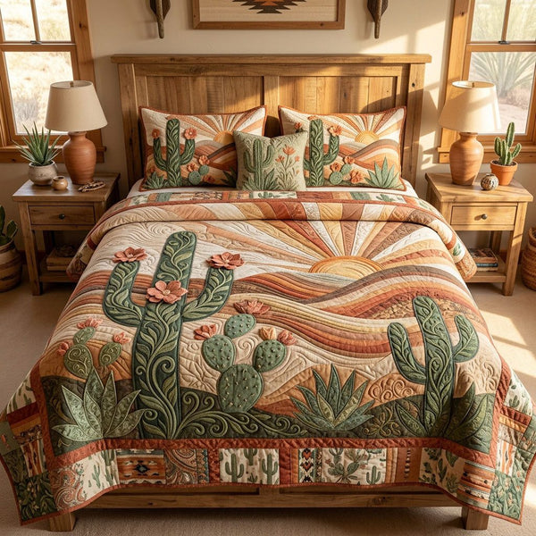 Blooming Sonoran Garden quilted 3-piece bedding set on a made bed with two matching pillow shams