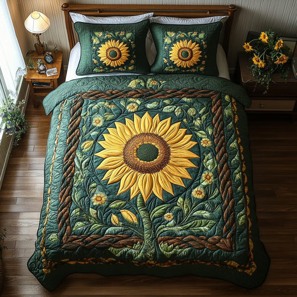 Blooming Sun quilted 3-piece bedding set on a made bed with two matching pillow shams