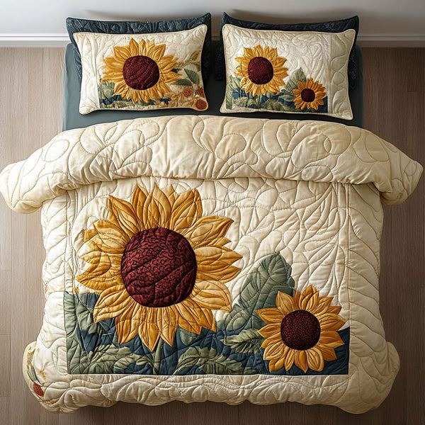 Blooming Sun quilted 3-piece bedding set on a made bed with two matching pillow shams