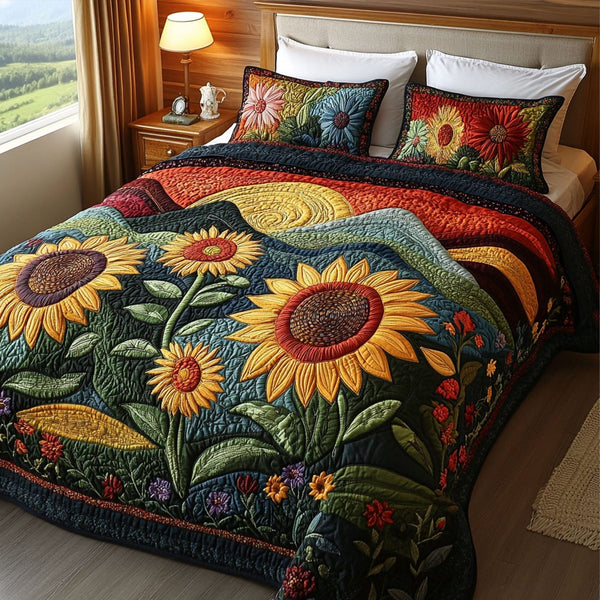 Blooming Sunscape quilted 3-piece bedding set on a made bed with two matching pillow shams