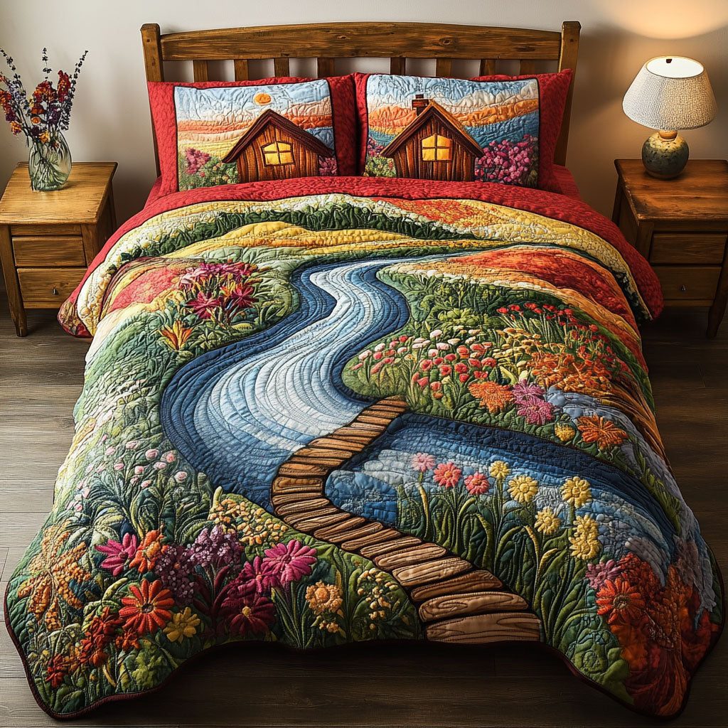 Blooming Sunsets quilted 3-piece bedding set on a made bed with two matching pillow shams