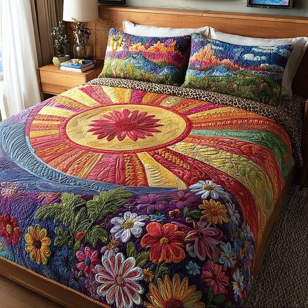 Blooming Sunshine quilted 3-piece bedding set on a made bed with two matching pillow shams
