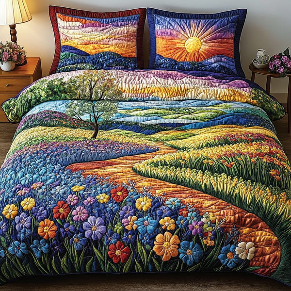 Blooming Texas quilted 3-piece bedding set on a made bed in a rustic timber bedroom