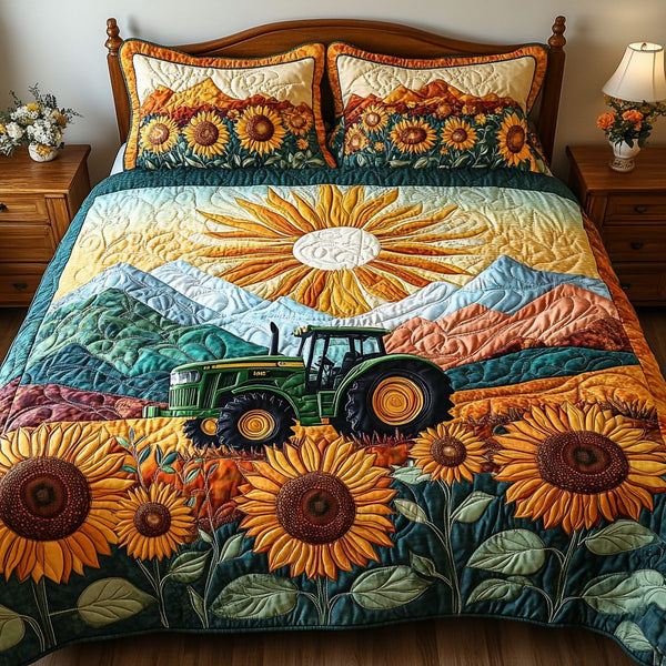 Blooming Tractor quilted 3-piece bedding set on a made bed with two matching pillow shams