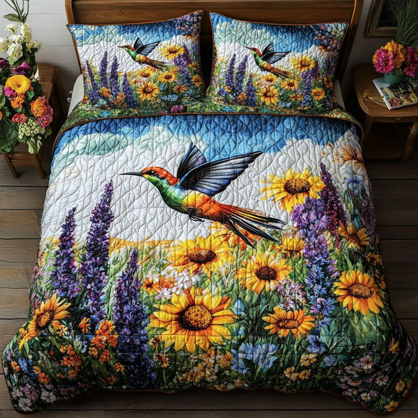 Blooming Wilds quilted 3-piece bedding set on a made bed with two matching pillow shams