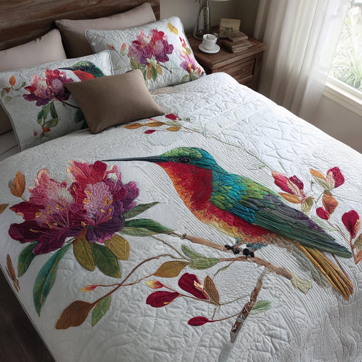 Blooming Wings quilted 3-piece bedding set on a made bed with two matching pillow shams
