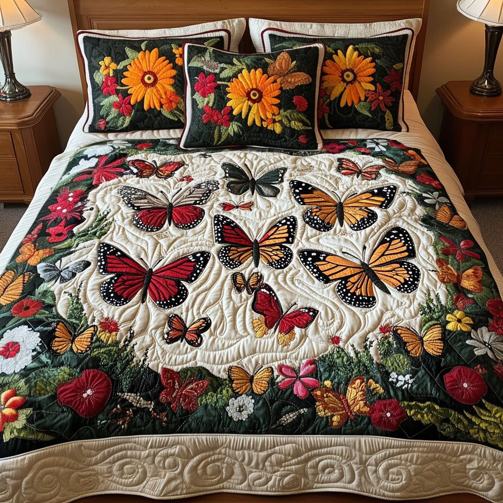 Blooming Wings quilted 3-piece bedding set on a made bed with two matching pillow shams