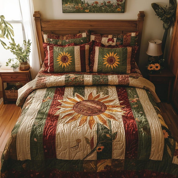 Blooms quilted 3-piece bedding set on a made bed with two matching pillow shams