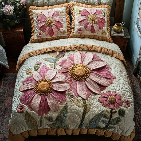 Blossom Beauty quilted 3-piece bedding set on a made bed with two matching pillow shams