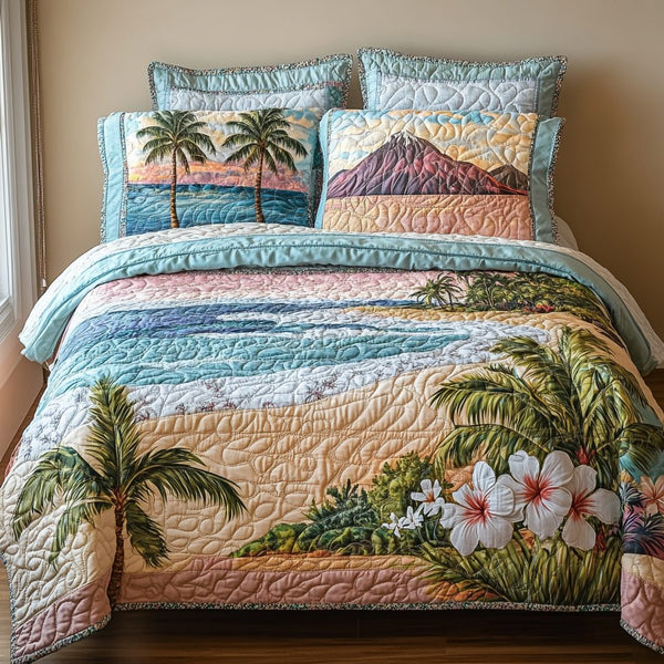 Blossom Bliss quilted 3-piece bedding set on a made bed with two matching pillow shams