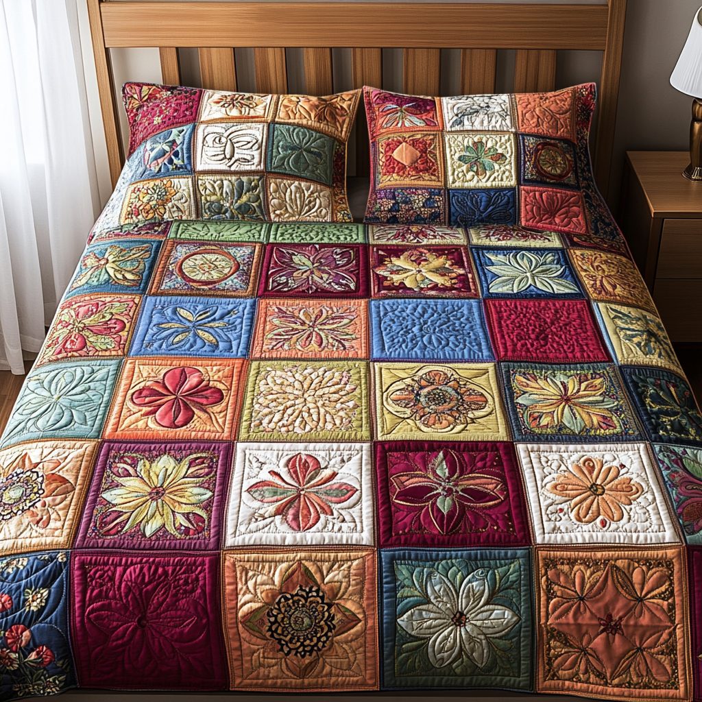 Blossom Bliss quilted 3-piece bedding set on a made bed with two matching pillow shams