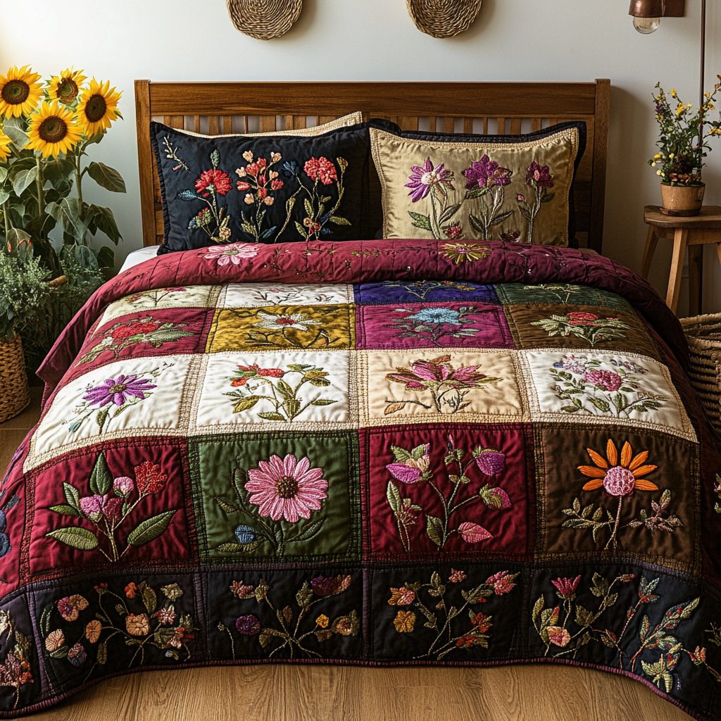 Blossom Bouquet quilted 3-piece bedding set on a made bed with two matching pillow shams