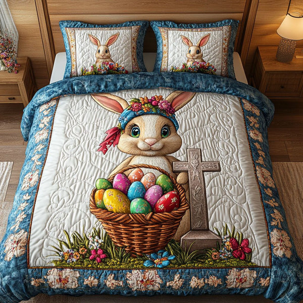 Blossom Bunny Hope quilted 3-piece bedding set on a made bed with two matching pillow shams