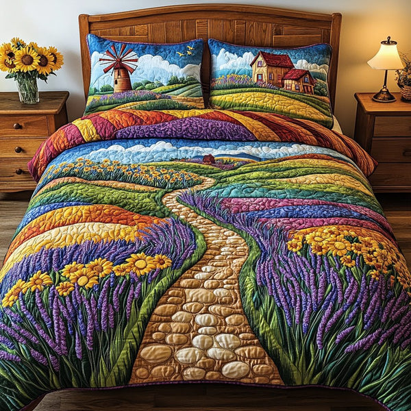 Blossom Burst quilted 3-piece bedding set on a made bed with two matching pillow shams