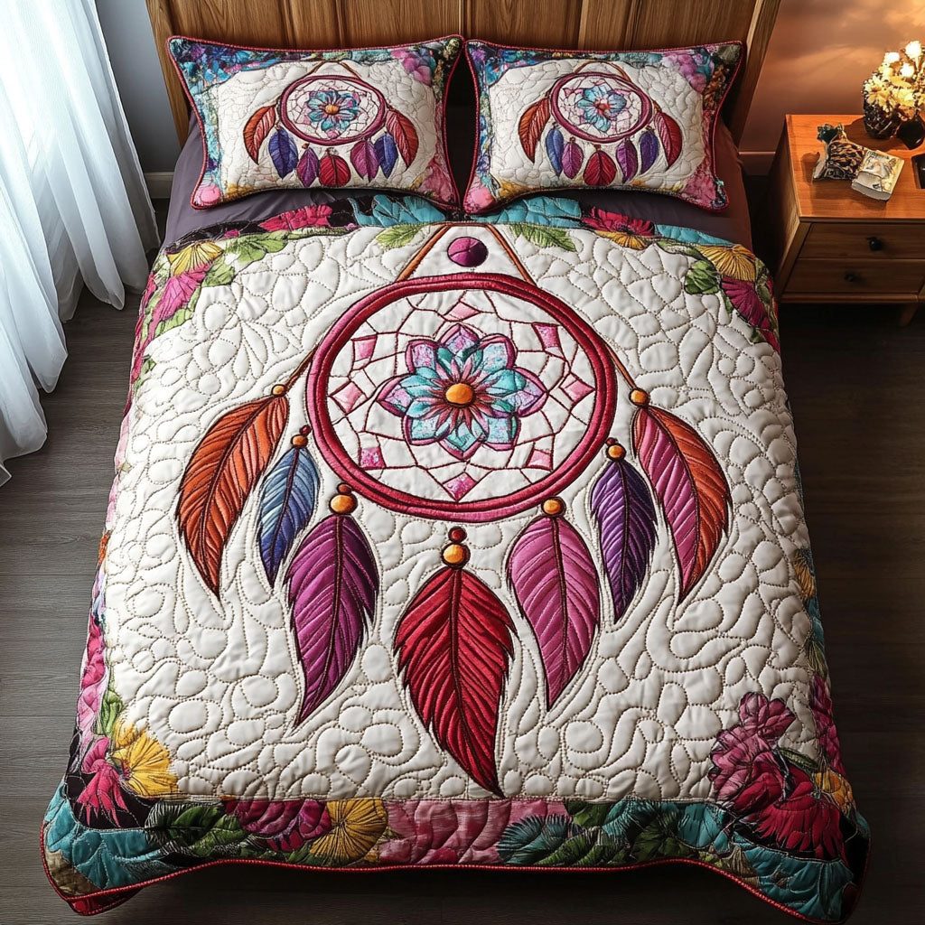 Blossom Circle quilted 3-piece bedding set on a made bed with two matching pillow shams
