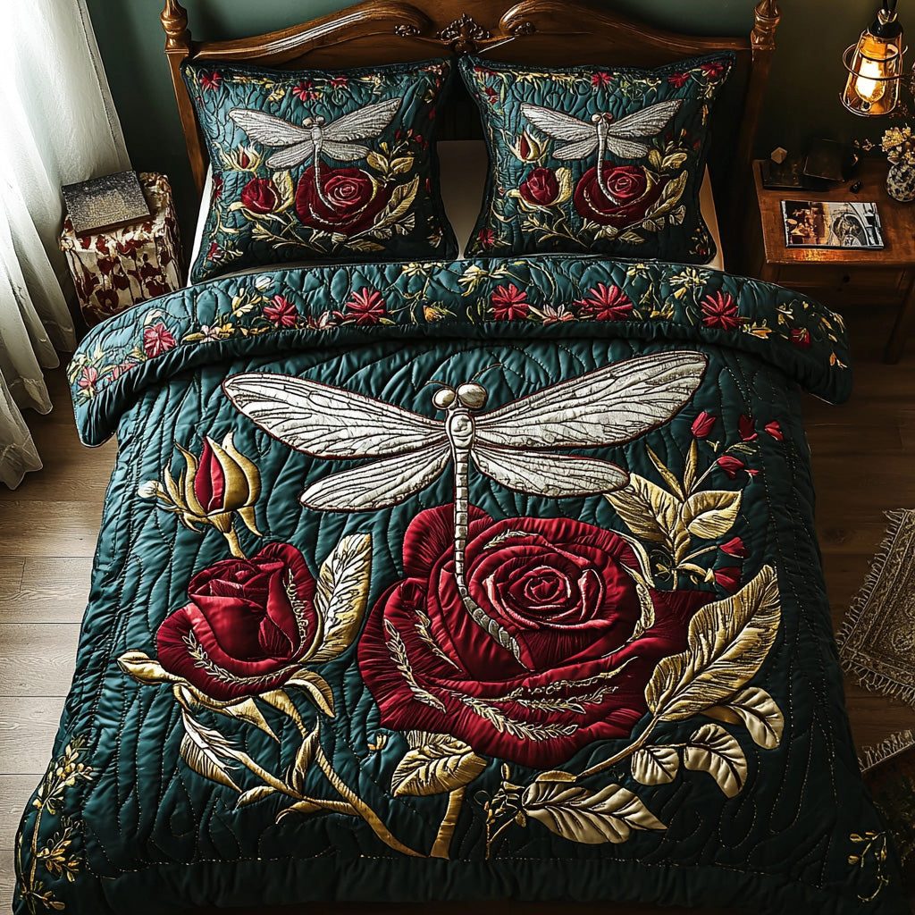 Blossom Dragonfly quilted 3-piece bedding set on a made bed with two matching pillow shams
