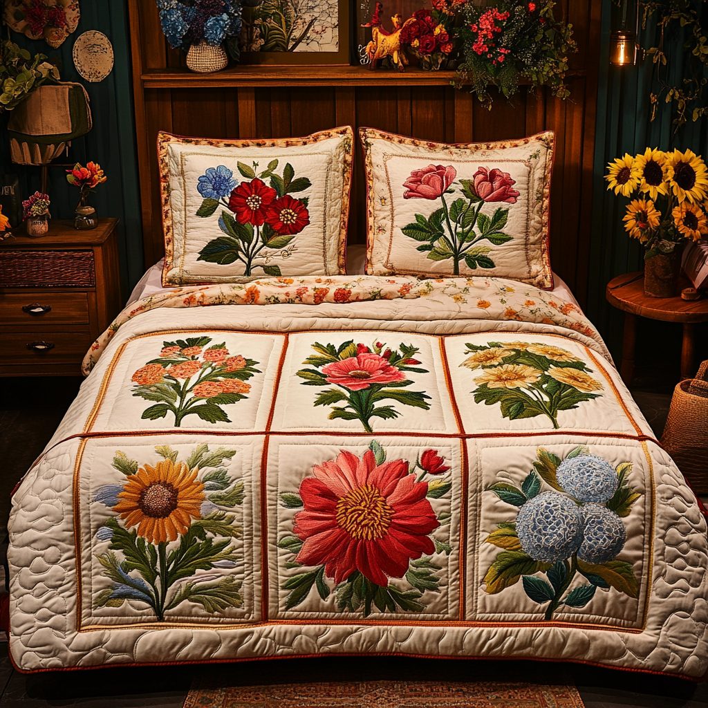 Blossom Elegance quilted 3-piece bedding set on a made bed with two matching pillow shams