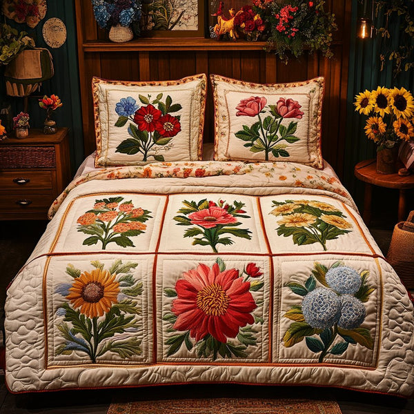 Blossom Elegance quilted 3-piece bedding set on a made bed with two matching pillow shams