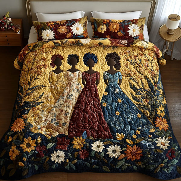 Blossom Embrace quilted 3-piece bedding set on a made bed with two matching pillow shams