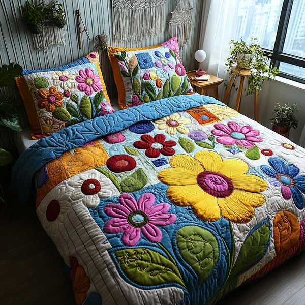 Blossom Field quilted 3-piece bedding set on a made bed with two matching pillow shams